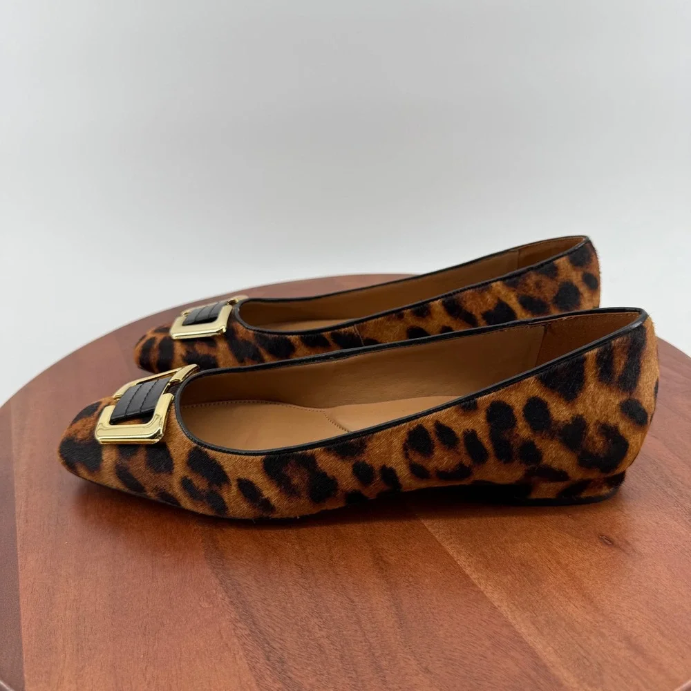 Talbots Leather Flats Leopard Calf Hair Gold Buckle Square Toe Brazil Women 10.5